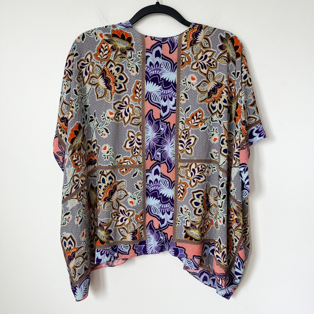 LOFT Boho Paisley Floral Open Front Kimono Top Womens XS Small Purple Orange - Picture 4 of 9